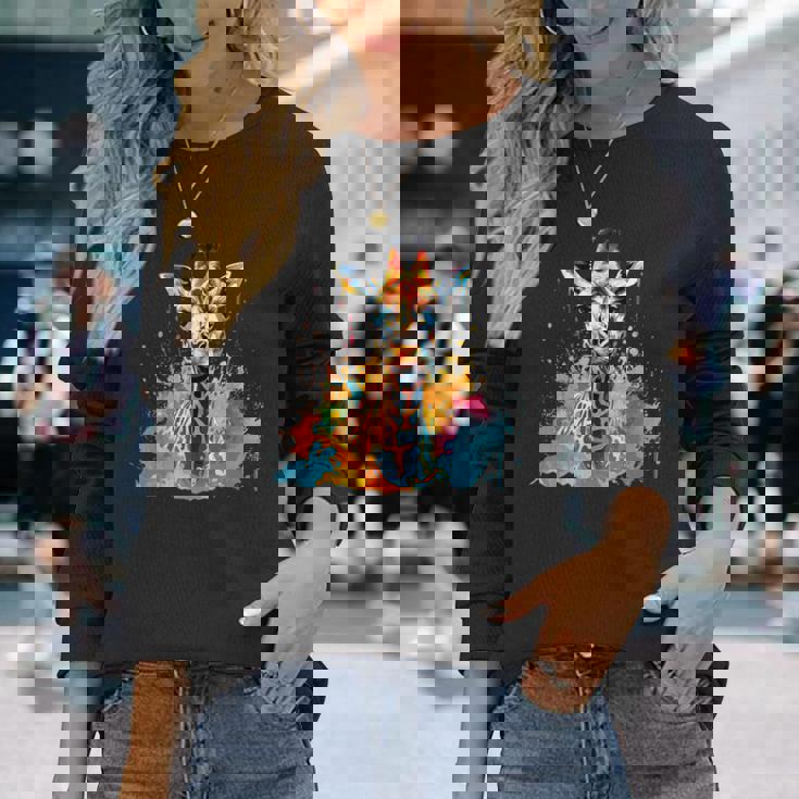 カラフルなキリン 動物 恋人 スプラッシュアート 長袖Tシャツ 彼女への贈り物