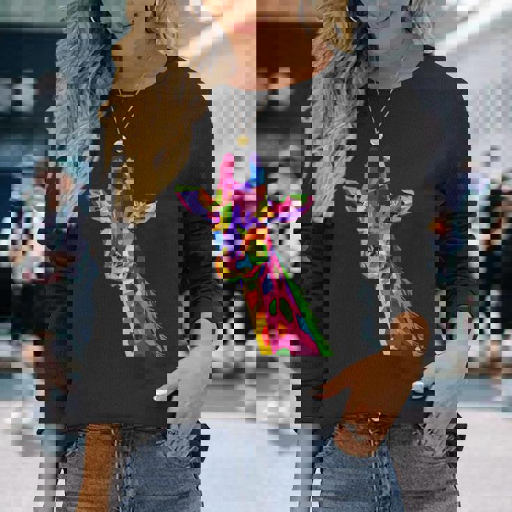 カラフルなキリン愛動物愛キリン 長袖Tシャツ 彼女への贈り物