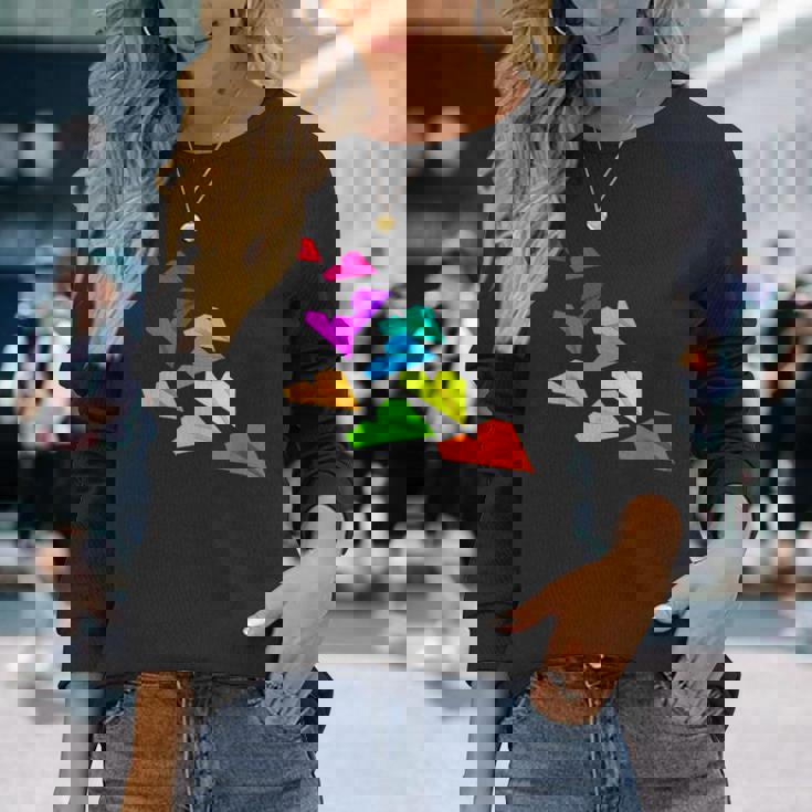 カラフルな紙飛行機デザイン 飛行機愛好家向け 長袖Tシャツ 彼女への贈り物