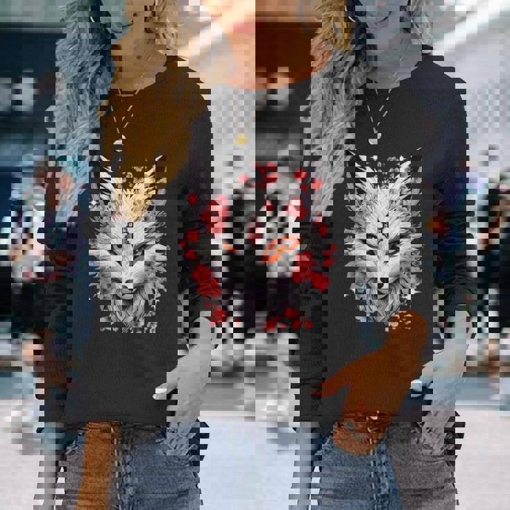 キツネ キツネ キツネ マスク アニメ カワイイ 桜 花 長袖Tシャツ 彼女への贈り物