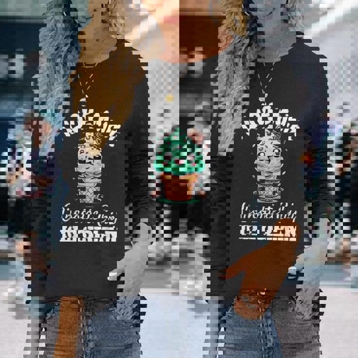 キュート アイラブミント チョコチップス アイスクリーム好き 夏 パーティー 長袖Tシャツ 彼女への贈り物