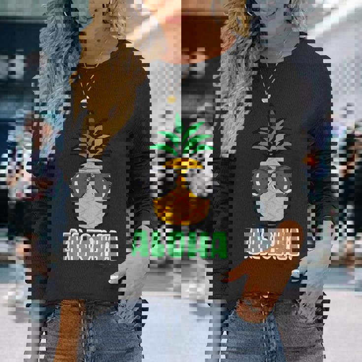 キュートなアロハパイナップルサングラス ハワイアンティキ 長袖Tシャツ 彼女への贈り物