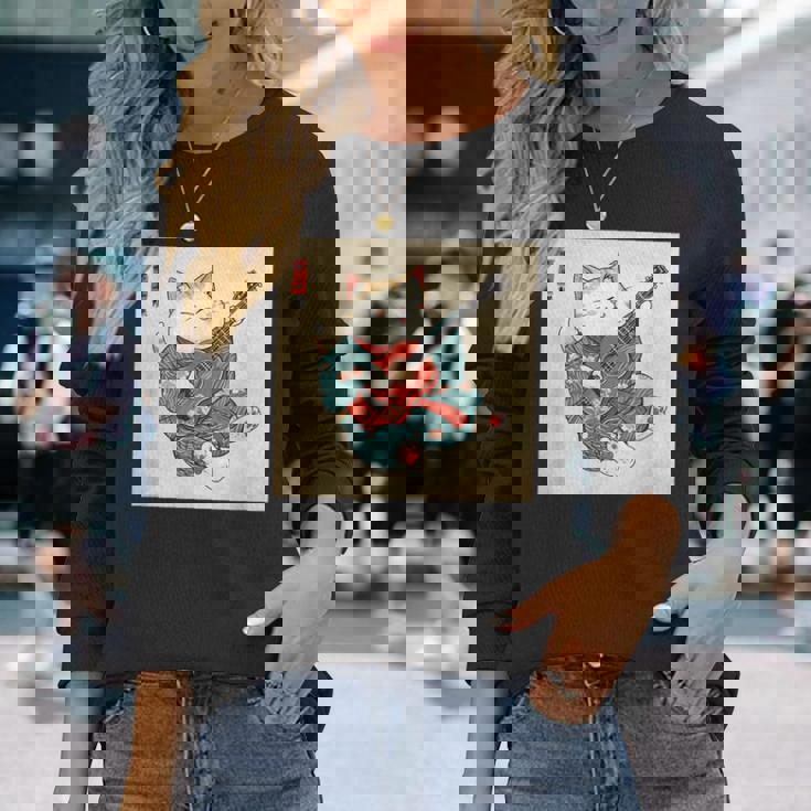 ギター奏でる猫 着物姿 ヴィンテージ 日本美術 面白い 長袖Tシャツ 彼女への贈り物