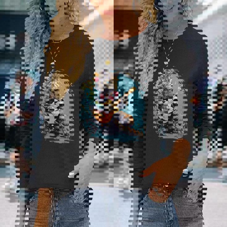 クラシックギターを弾く猫 猫 ギター 音楽 長袖Tシャツ 彼女への贈り物