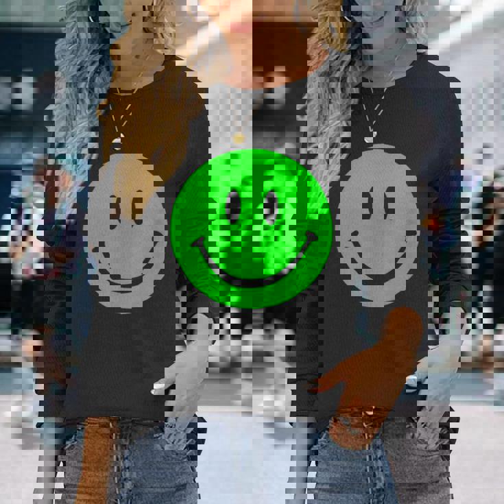 グリーン スマイリーフェイス レトロ グリーン ハッピーフェイス 長袖Tシャツ 彼女への贈り物