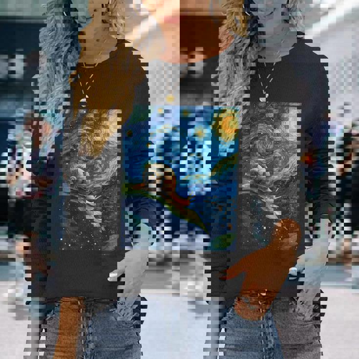 ゴッホの星空の夜のカタツムリスローモーバー動物愛好家 長袖Tシャツ 彼女への贈り物