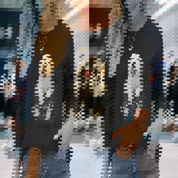 ゴールデンレトリバー ポケットに入った子犬 長袖Tシャツ 彼女への贈り物