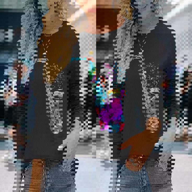 サクソフォン プレーヤー ジャズ 音符 サクソフォン カラフル サックス 長袖Tシャツ 彼女への贈り物