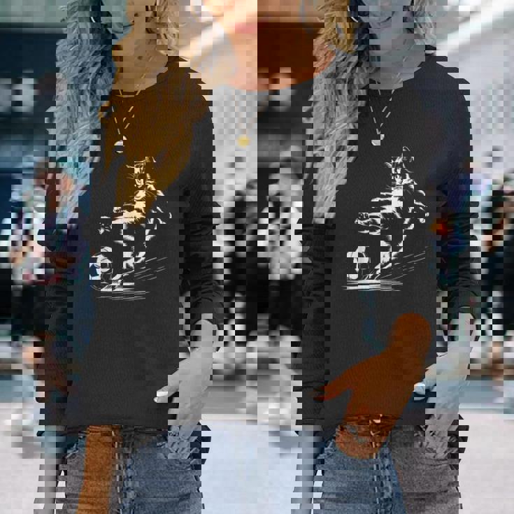 サッカーボール グラフィック 猫 スポーツ コスチューム ギフト 長袖Tシャツ 彼女への贈り物