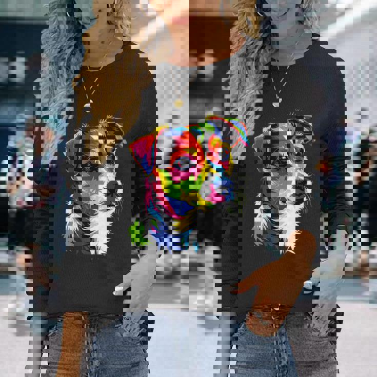 ジャック・ラッセル・テリア ブライトカラー ポップアート 愛犬家 長袖Tシャツ 彼女への贈り物