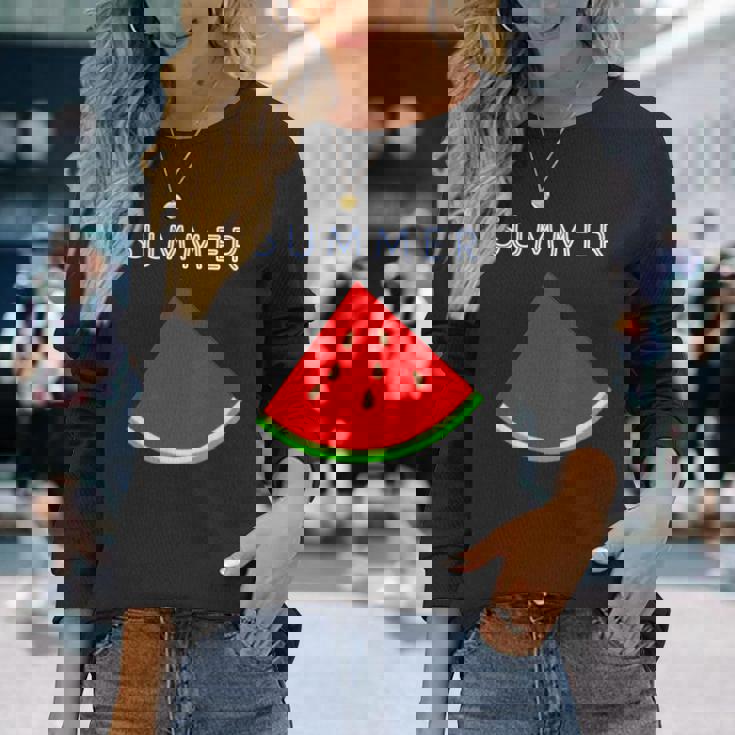 スイカ 1ピース・夏【 サマータイム 】リゾート・夏 大好き／面白 イラスト 長袖Tシャツ 彼女への贈り物