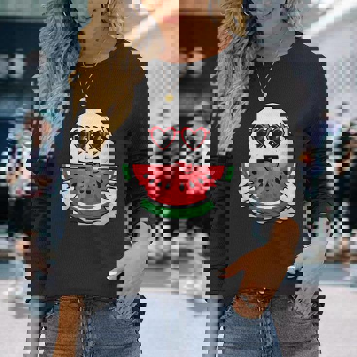 スイカを食べるかわいい幽霊 サマーウィーン ハロウィンコスチューム 長袖Tシャツ 彼女への贈り物