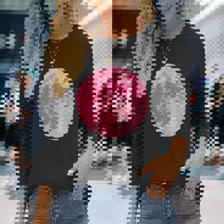 ストロベリームーンデザイン 満月 かわいいピンクムーン 長袖Tシャツ 彼女への贈り物