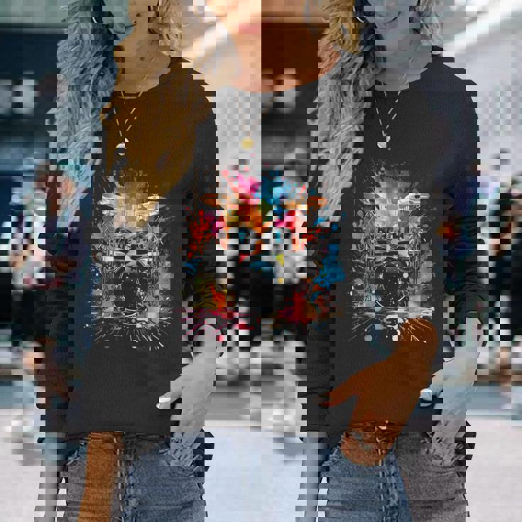 スプラッシュスタイルのドラムドラマードラムドラムのドラム 長袖Tシャツ 彼女への贈り物