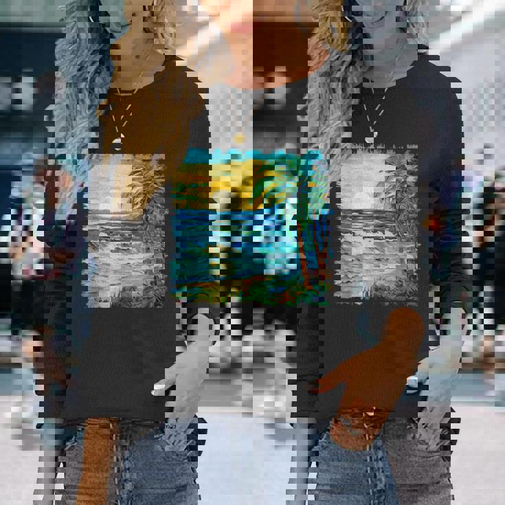 トロピカルビーチ 太陽 オーシャン ヤシの木 ゴッホスタイル アートデザイン 長袖Tシャツ 彼女への贈り物