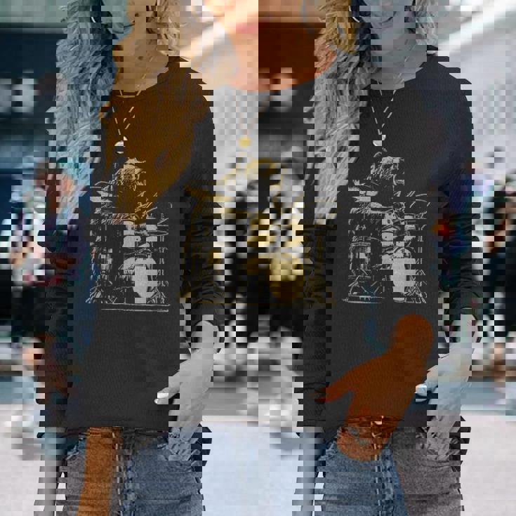 ドラマー ドラム クマ ドラムを演奏するミュージシャン 長袖Tシャツ 彼女への贈り物