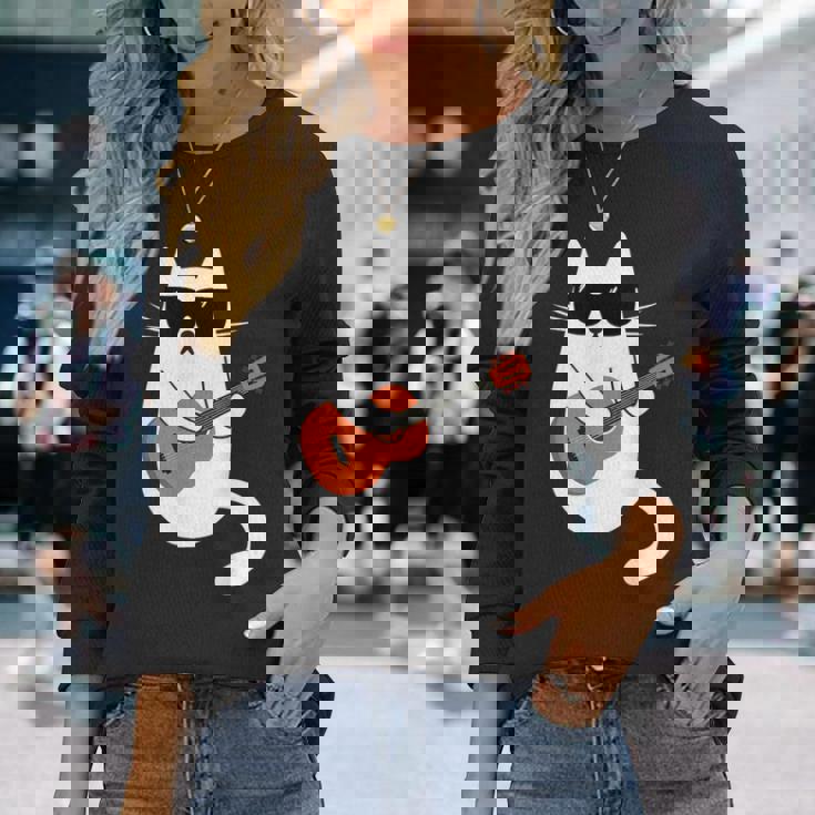 ネコとギター 猫とサングラス ネコ好き 猫飼い アコースティックギター エレキギター 音楽家 バンド ネコ 猫 長袖Tシャツ 彼女への贈り物