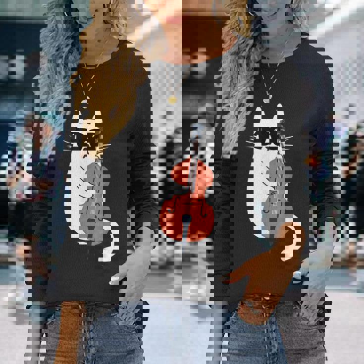 ネコとコントラバス 猫とサングラス ネコ好き 猫飼い コントラバス ウッドベース ダブルベース ジャズ音楽 ネコ 猫 長袖Tシャツ 彼女への贈り物