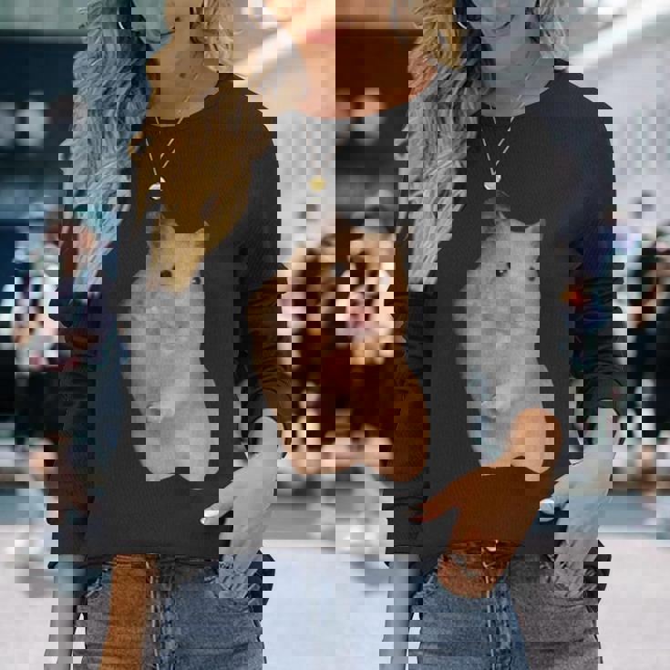 ハムスターミーム ピースサイン付き 長袖Tシャツ 彼女への贈り物