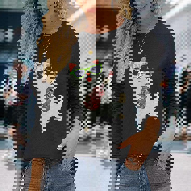 ハワイアンウケ猫遊びウクレレバッジポケット 長袖Tシャツ 彼女への贈り物