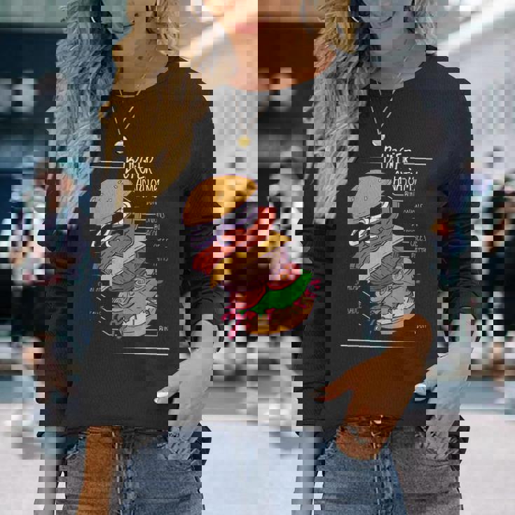 ハンバーガー 解剖図 面白いtシャツ ファストフード メンズ おもしろ グッズ 面白い 服 オリジナル ネタ 食べ物 長袖Tシャツ 彼女への贈り物