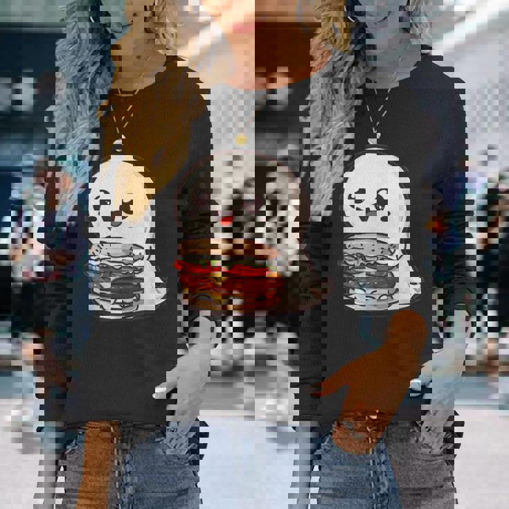 ハンバーガーとかわいいおばけ 長袖Tシャツ 彼女への贈り物