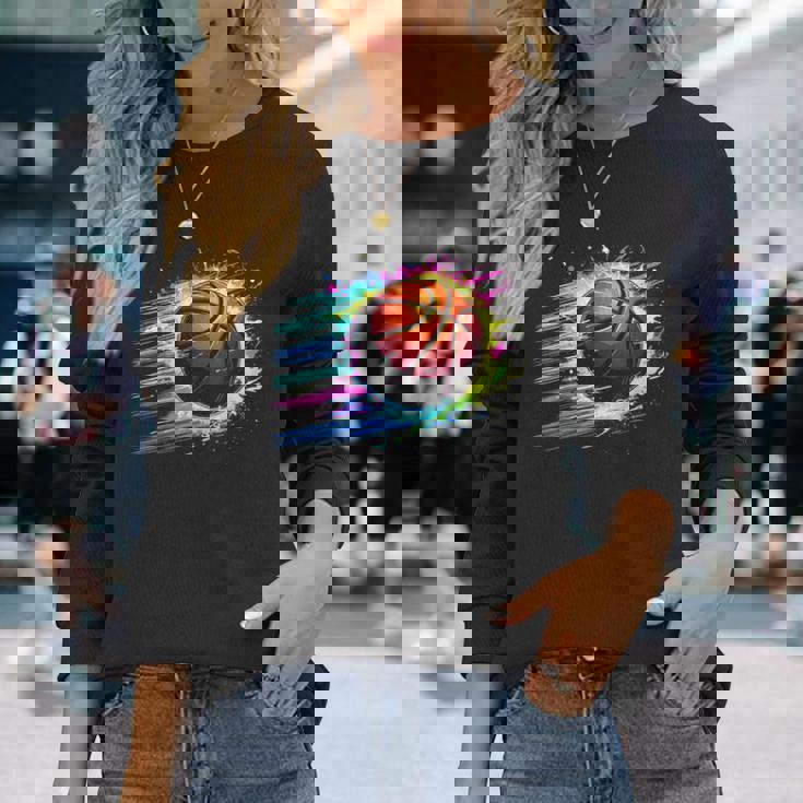 バスケットボール選手 カラフル タイダイ カラーアート スポーツ愛好家 長袖Tシャツ 彼女への贈り物