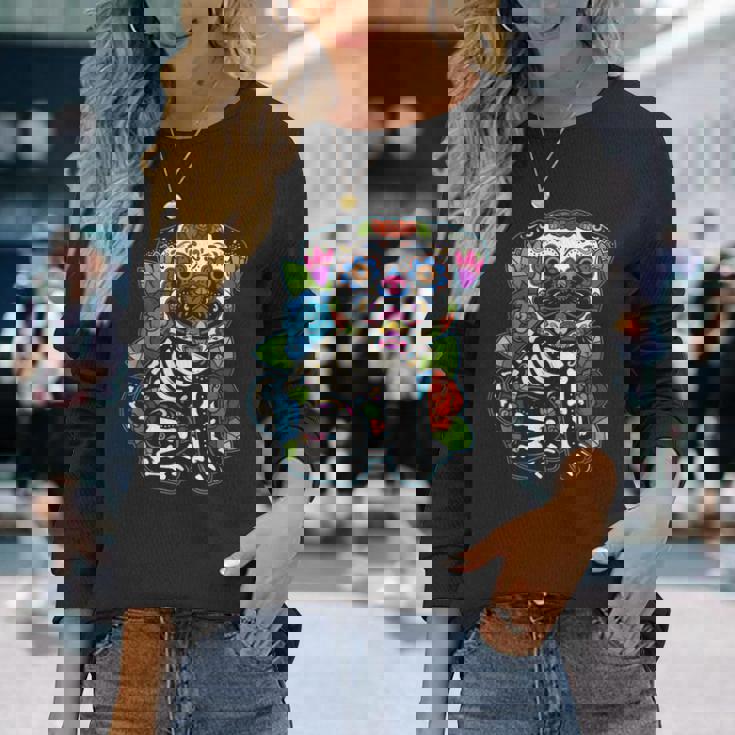 パグ シュガースカル メキシコ 犬 カラベラ 死者の日 長袖Tシャツ 彼女への贈り物