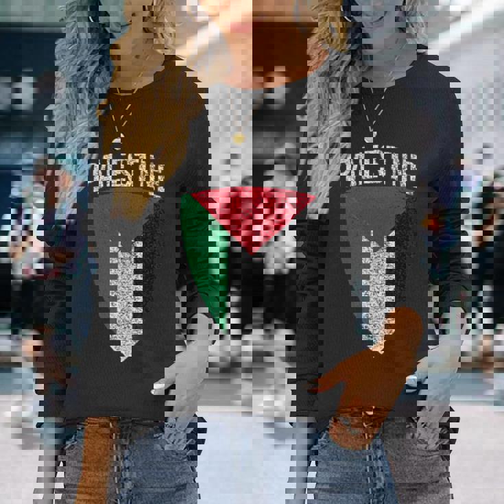 パレスチナ国旗 シールドフリー パレスチナガザ パレスチナ人 長袖Tシャツ 彼女への贈り物