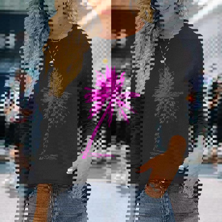 ピンクパームビーチウェア サーフィンレトロ パームツリー 長袖Tシャツ 彼女への贈り物