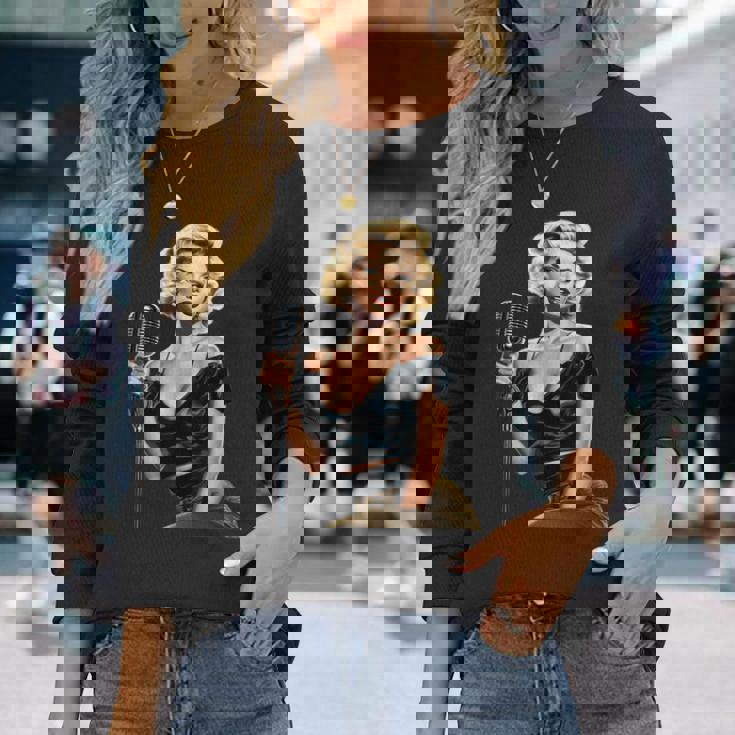 ピンナップガール ビンテージマイク 歌う オールドスクール 長袖Tシャツ 彼女への贈り物