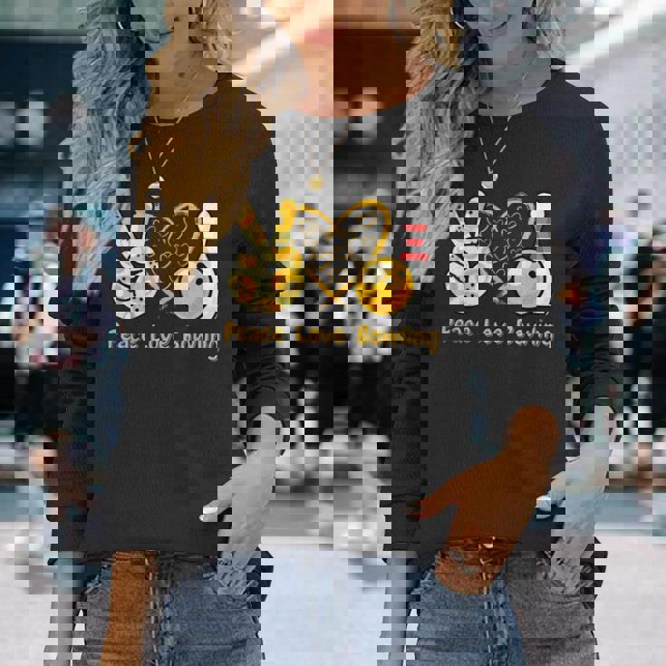 ピース・ラブ・ボウリング 長袖Tシャツ 彼女への贈り物