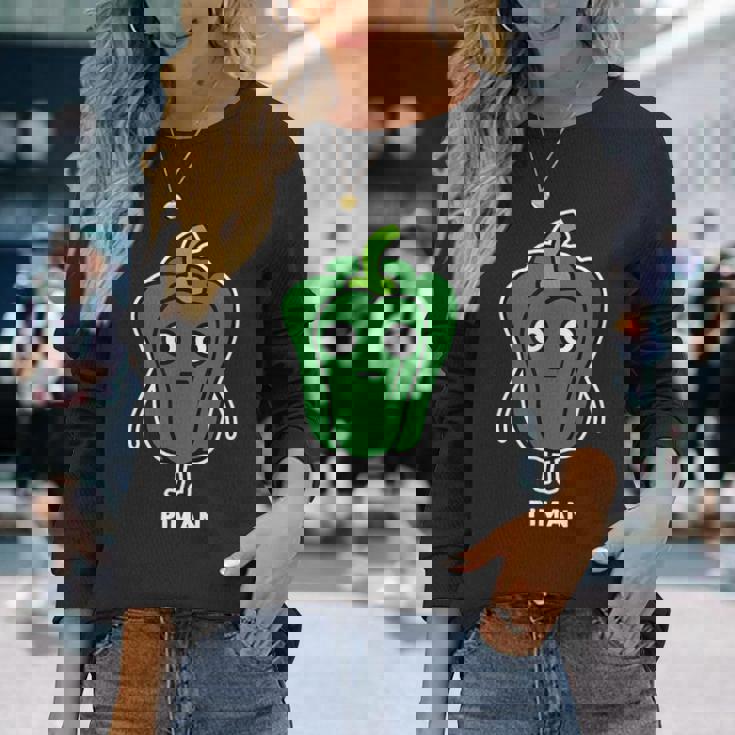 ピーマン 顔 イラスト かわいい おもしろ 面白い 簡単 シンプル ゆるい 野菜 長袖Tシャツ 彼女への贈り物