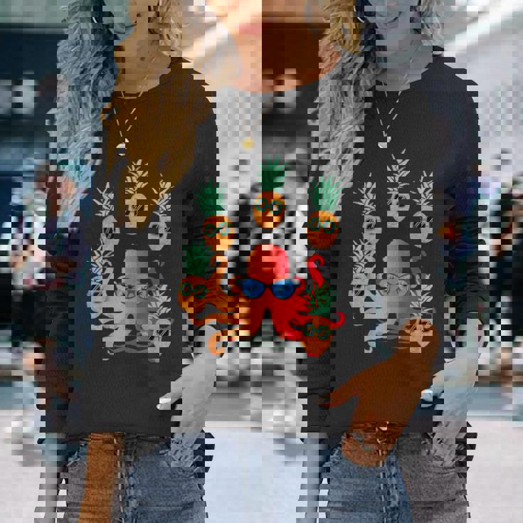 ファニー クール オレンジ タコ ジャグリング パイナップル 長袖Tシャツ 彼女への贈り物