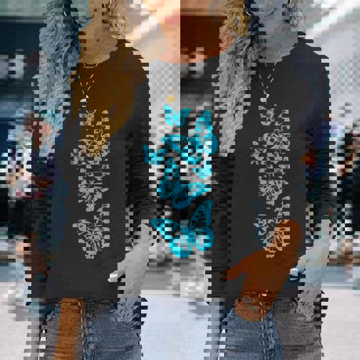 ファンタジー エレガント 蝶 ブルー ブラック シェイプ マニア 長袖Tシャツ 彼女への贈り物