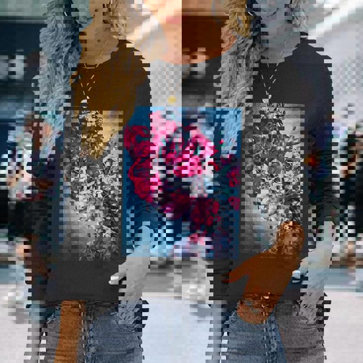 フラワー スカル フローラル シュガー ダーク アート グランジ エステティック ホラー 長袖Tシャツ 彼女への贈り物