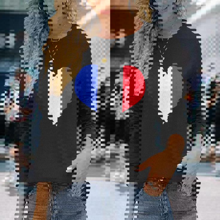 フランス国旗ラブハートフランス国旗 長袖Tシャツ 彼女への贈り物