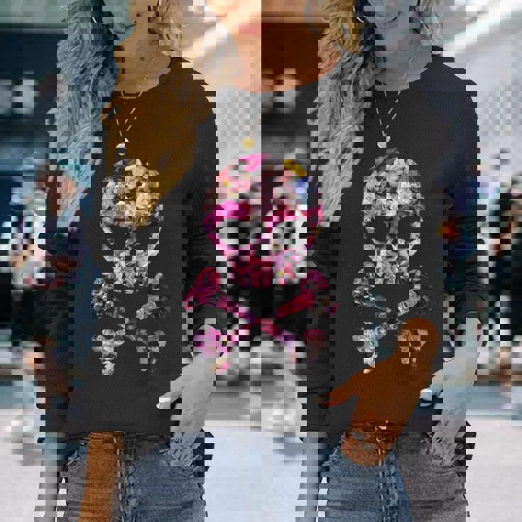 フローラルローズスカルフラワープリント 長袖Tシャツ 彼女への贈り物