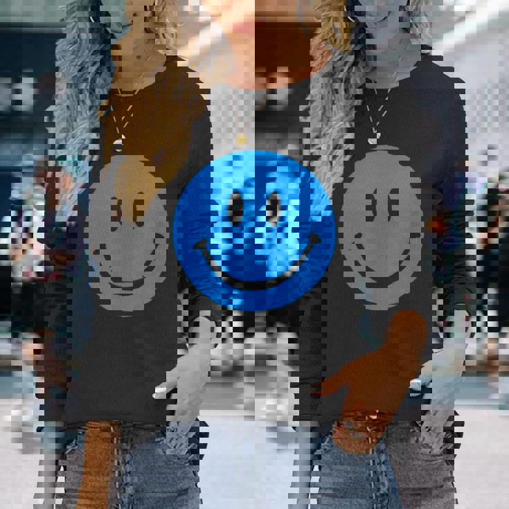 ブルースマイリーフェイス レトロブルーハッピーフェイス 長袖Tシャツ 彼女への贈り物