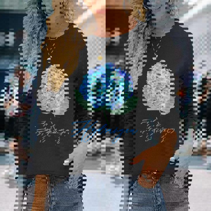 ブルーパープルアジサイフラワーレトロガーデナーアート 長袖Tシャツ 彼女への贈り物