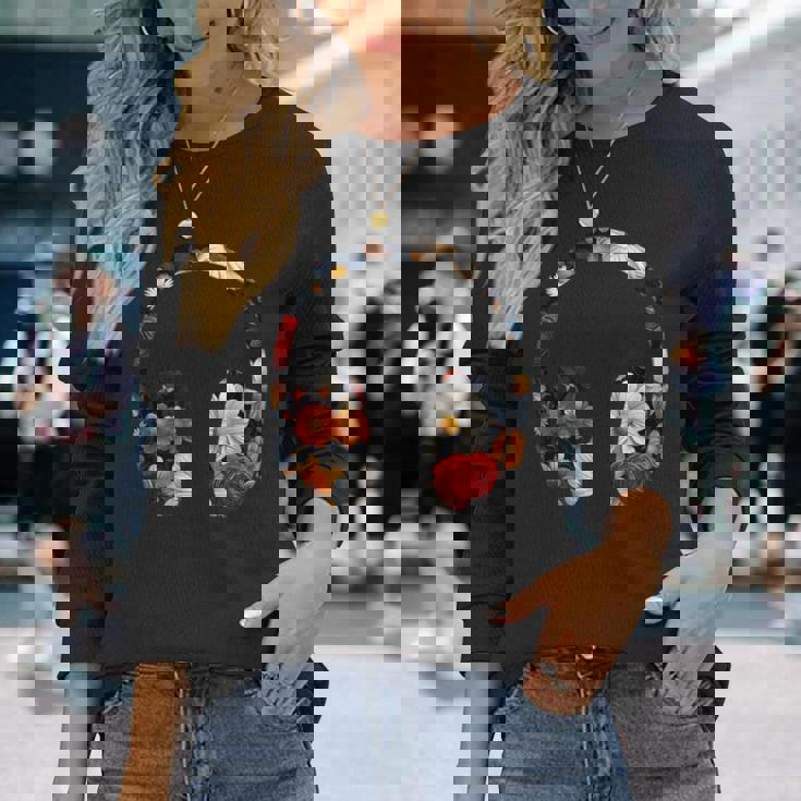 ヘッドフォンのシルエット 花柄 ボタニカル・フラワー 長袖Tシャツ 彼女への贈り物