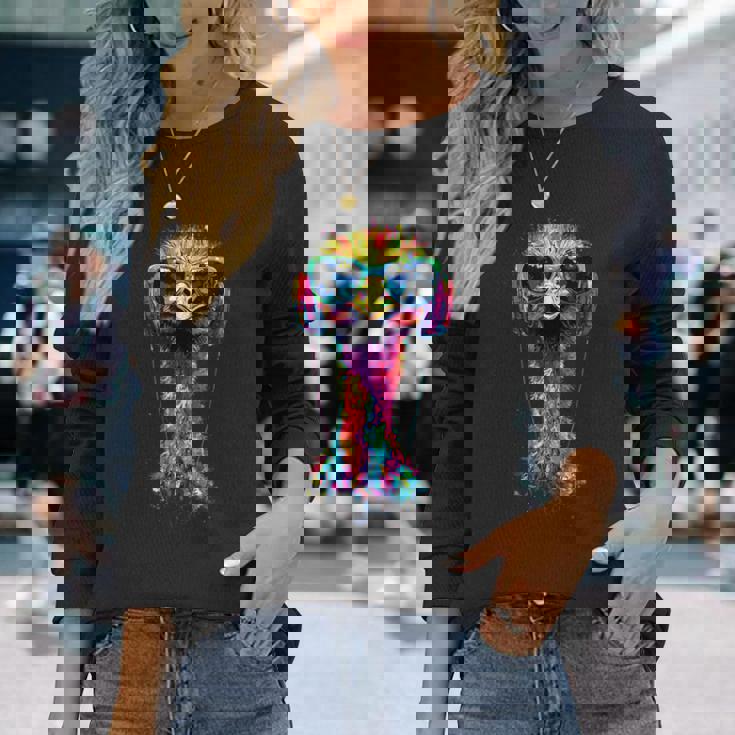 ヘッドフォン付きダチョウの鳥 カラフルなエミュー音楽djブーケ 長袖Tシャツ 彼女への贈り物