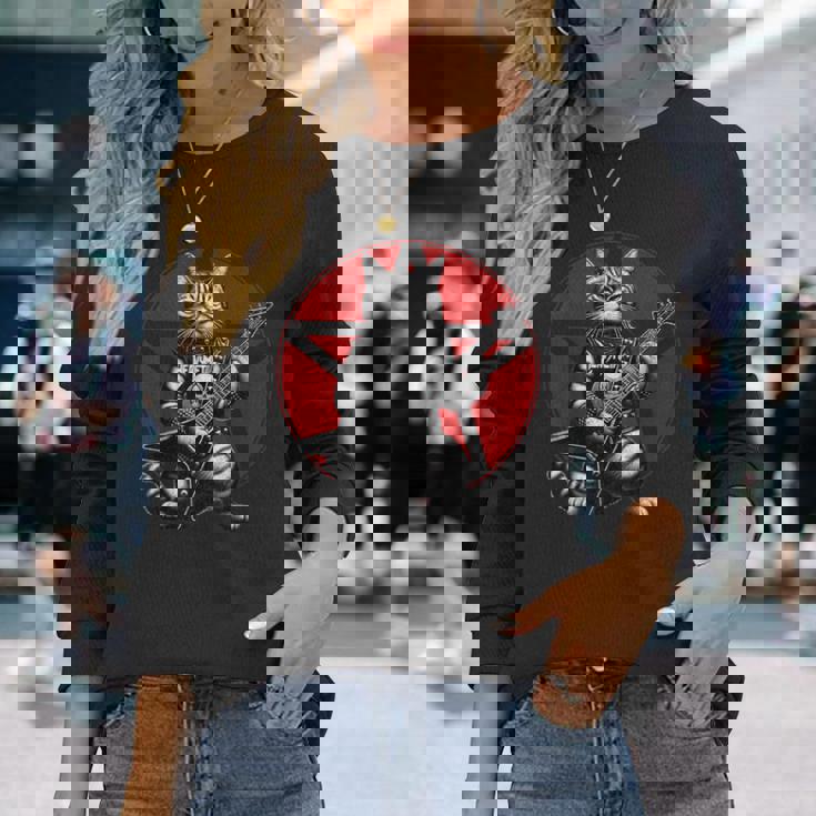 ヘヴィメタル猫とデスメタルミュージック メタルヘッド ロックギター 長袖Tシャツ 彼女への贈り物