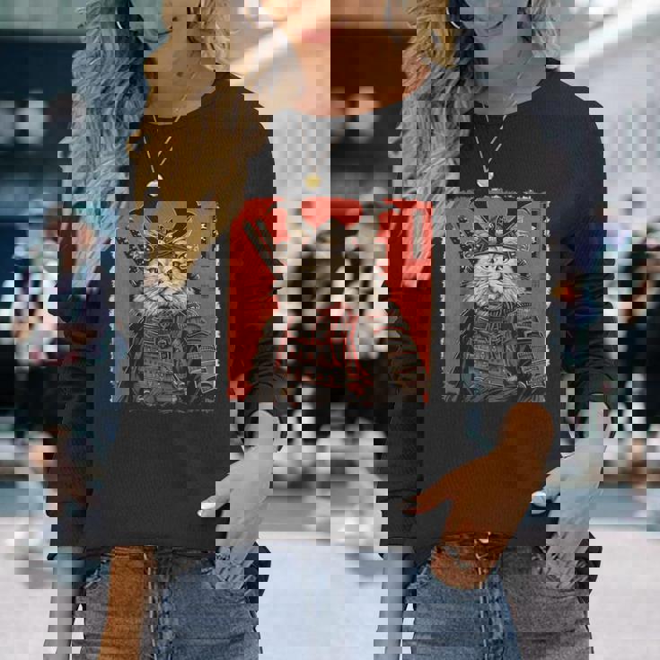 ペルシャ猫 日本美術 サムライ 浮世絵 ヴィンテージ 長袖Tシャツ 彼女への贈り物