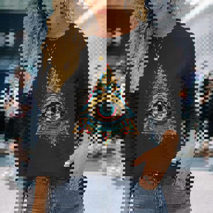 ホルスアイ オールシーイングアイ ピラミッド イルミナティ フリーメイソン 長袖Tシャツ 彼女への贈り物