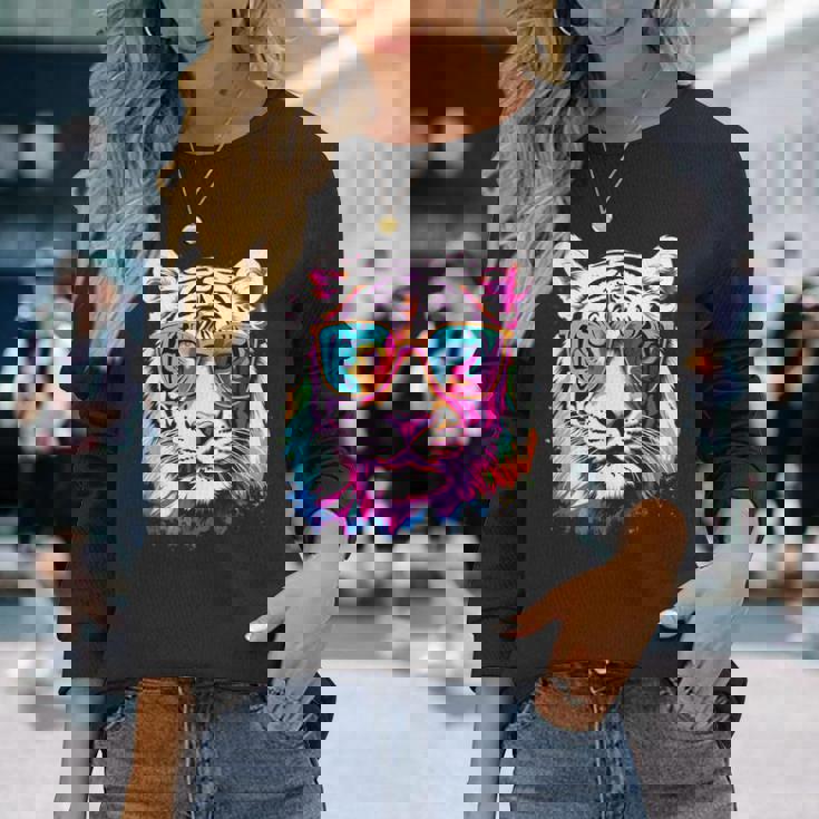 ホワイトタイガー サングラス カラフル アート 動物 虎 長袖Tシャツ 彼女への贈り物