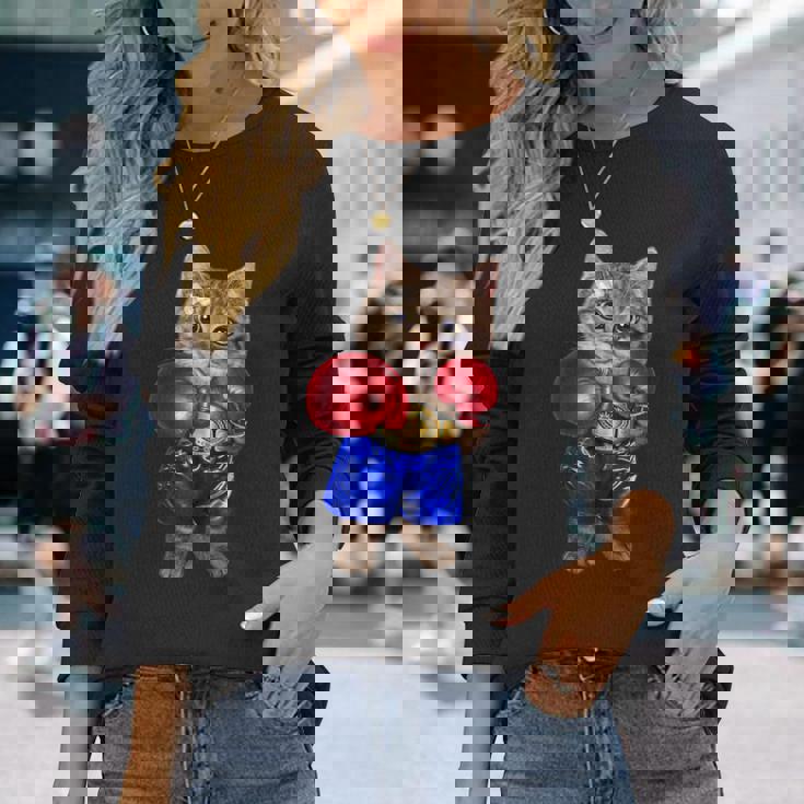 ボクシング をする 猫 ねこ 長袖Tシャツ 彼女への贈り物