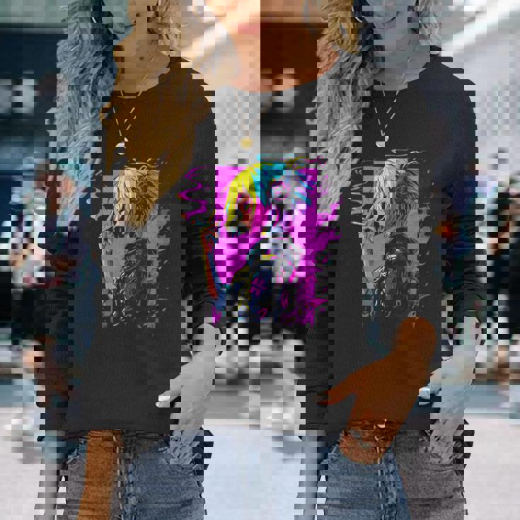 ボヘミアン・ガール、スモーキング・ガールのサイバーパンク・イラストレーション 長袖Tシャツ 彼女への贈り物