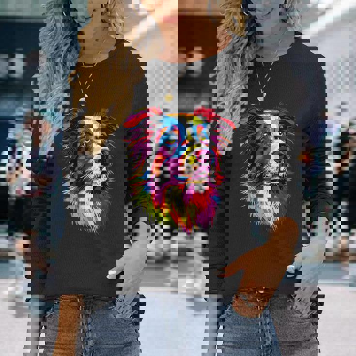 ボーダーコリー ポップアート レインボーカラー カラフル ボーダーコリー 長袖Tシャツ 彼女への贈り物