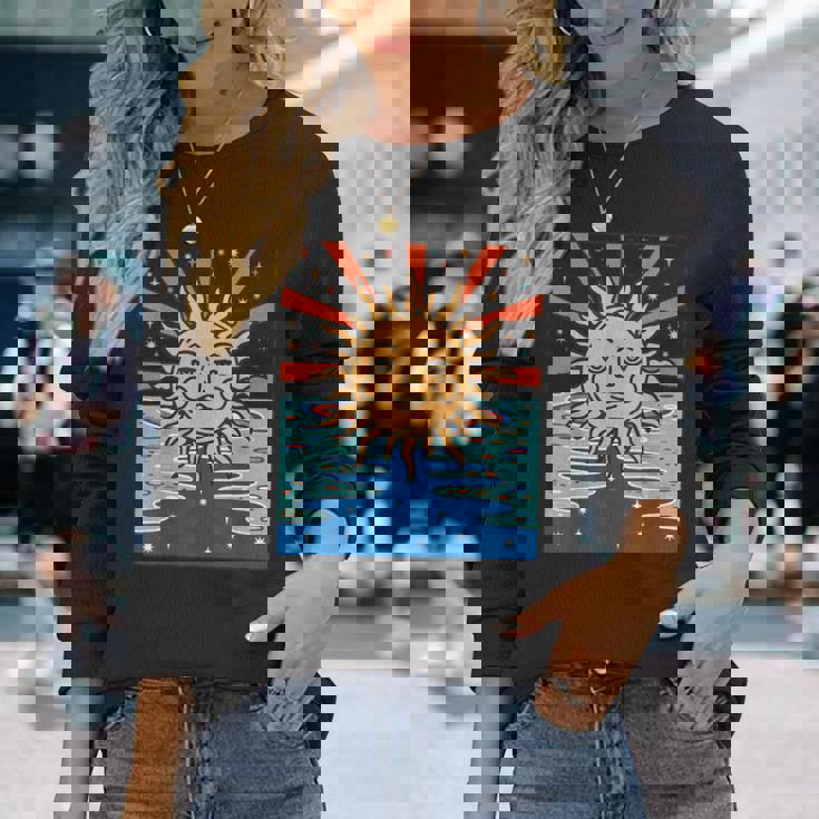 ボーホー 太陽と月 天体 三日月 フェイズ 長袖Tシャツ 彼女への贈り物